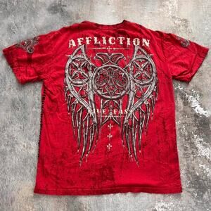 Y2K Affliction Gothic Wings T Shirt. Red & Silver. Size XL